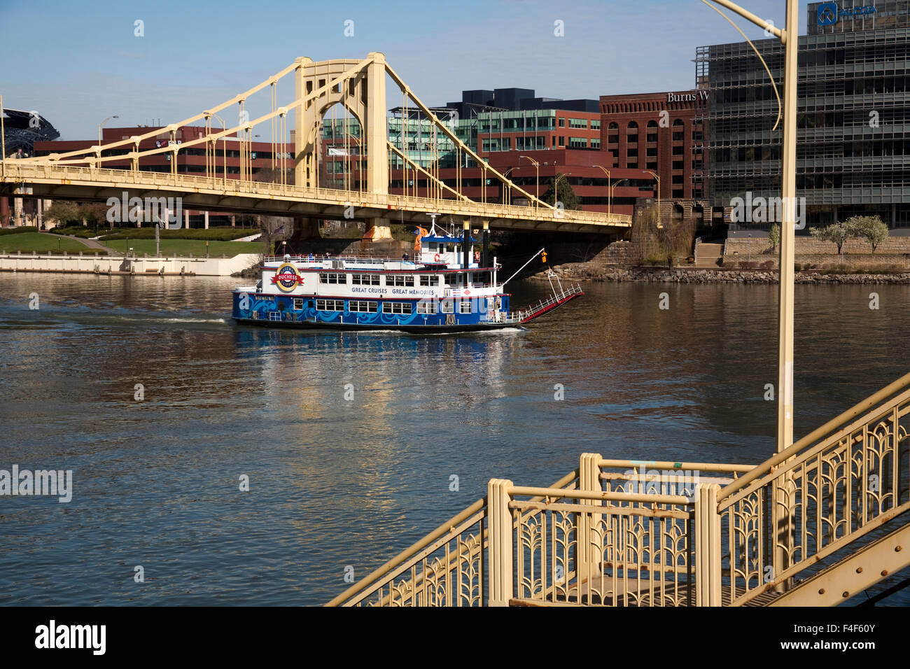 Sightseeing river boat underway on the Allegheny River, one of three waterways that intersect in Pittsburgh, PA. Stock Photo