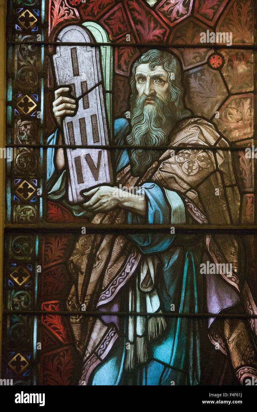 Moses Holding The Ten Commandments in stained glass in Smithfield united Church of Christ in Pittsburgh PA. Stock Photo