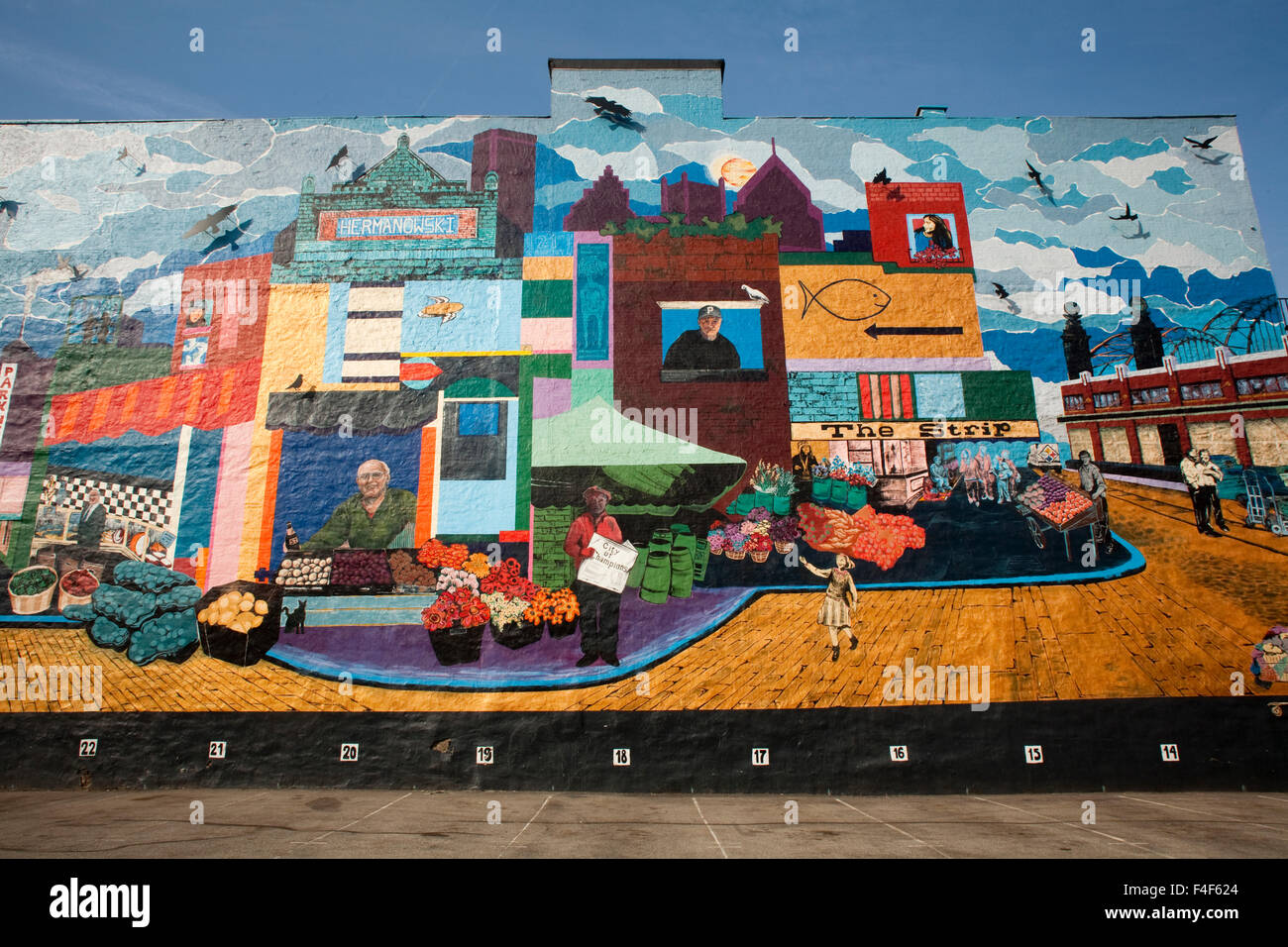 Wall mural overlooking parking lot in Strip District of Pittsburgh, PA
