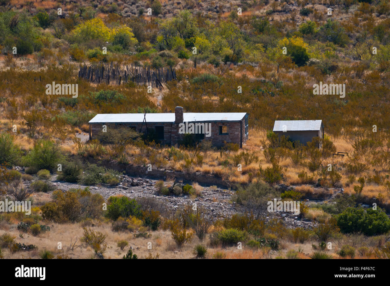 USA, Texas, Big Bend National Park, Homer Wilson Ranch and old Corral from Ross Maxwell Scenic Drive. Stock Photo