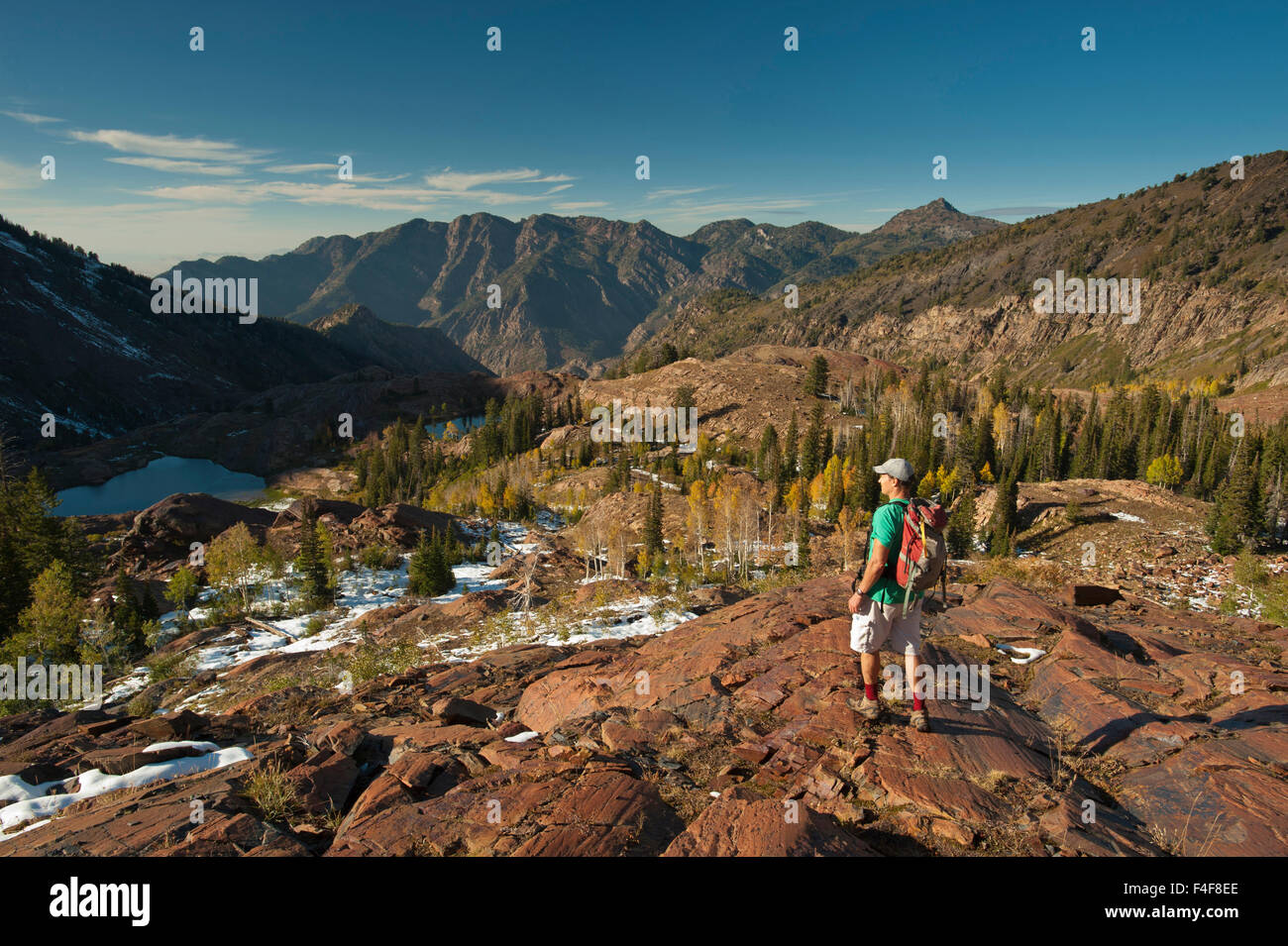 Hiking above Lake Lillian and Florence, Uintah-Wasatch-Cache National Forest, Lake Blanche Trail, Big Cottonwood Canyon, Wasatch Mountains near Salt Lake City, Utah (MR) Stock Photo