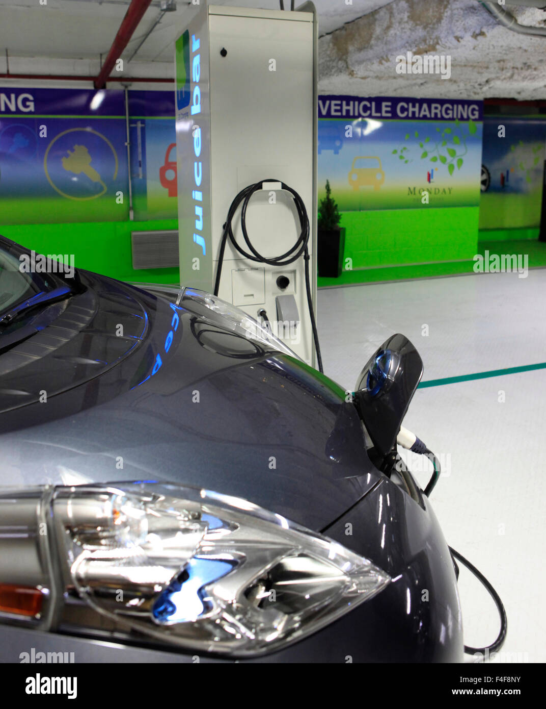 Electric car charging station in a parking garage in Rosslyn, Virginia