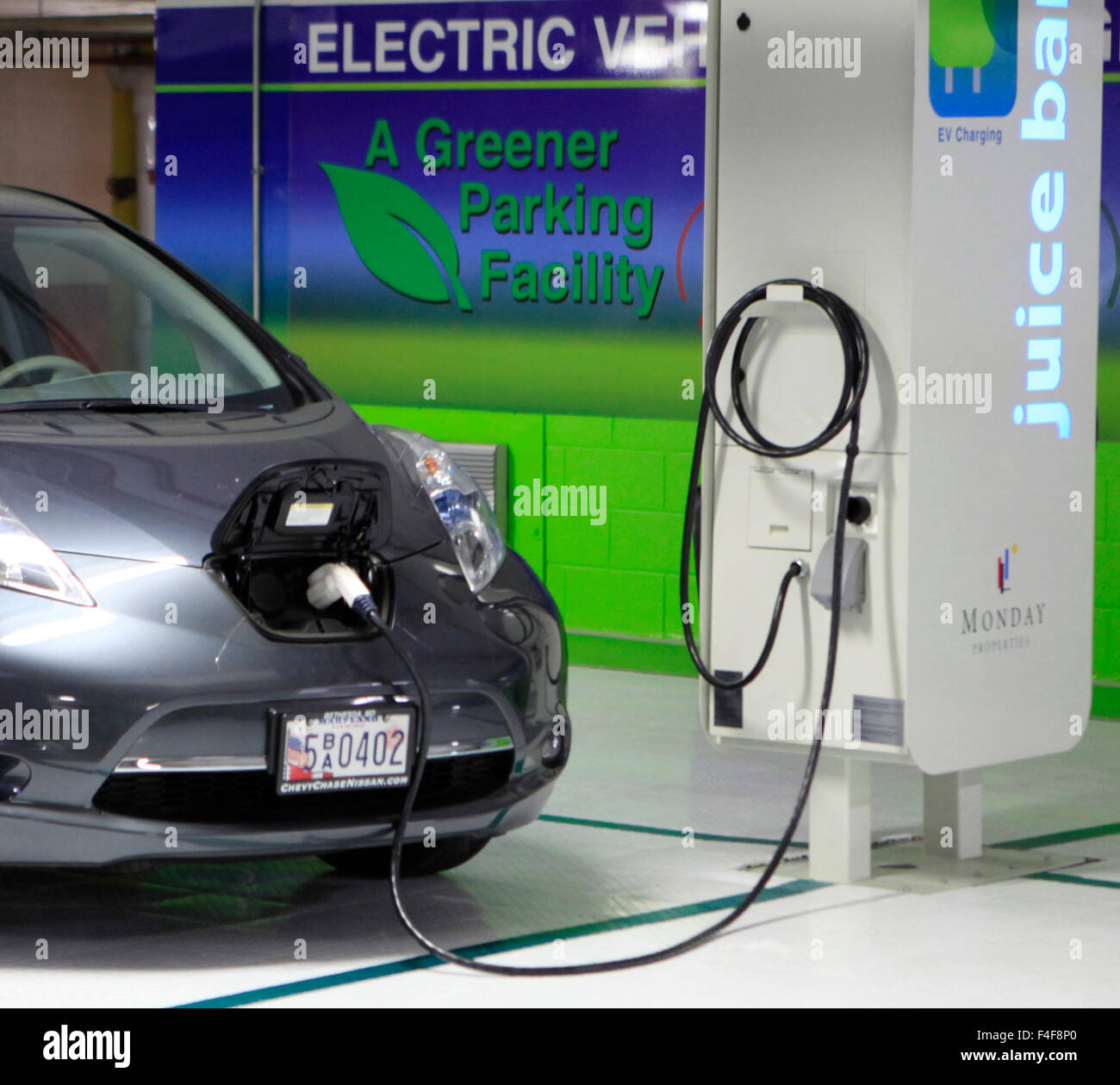 Electric car charging station in a parking garage in Rosslyn, Virginia