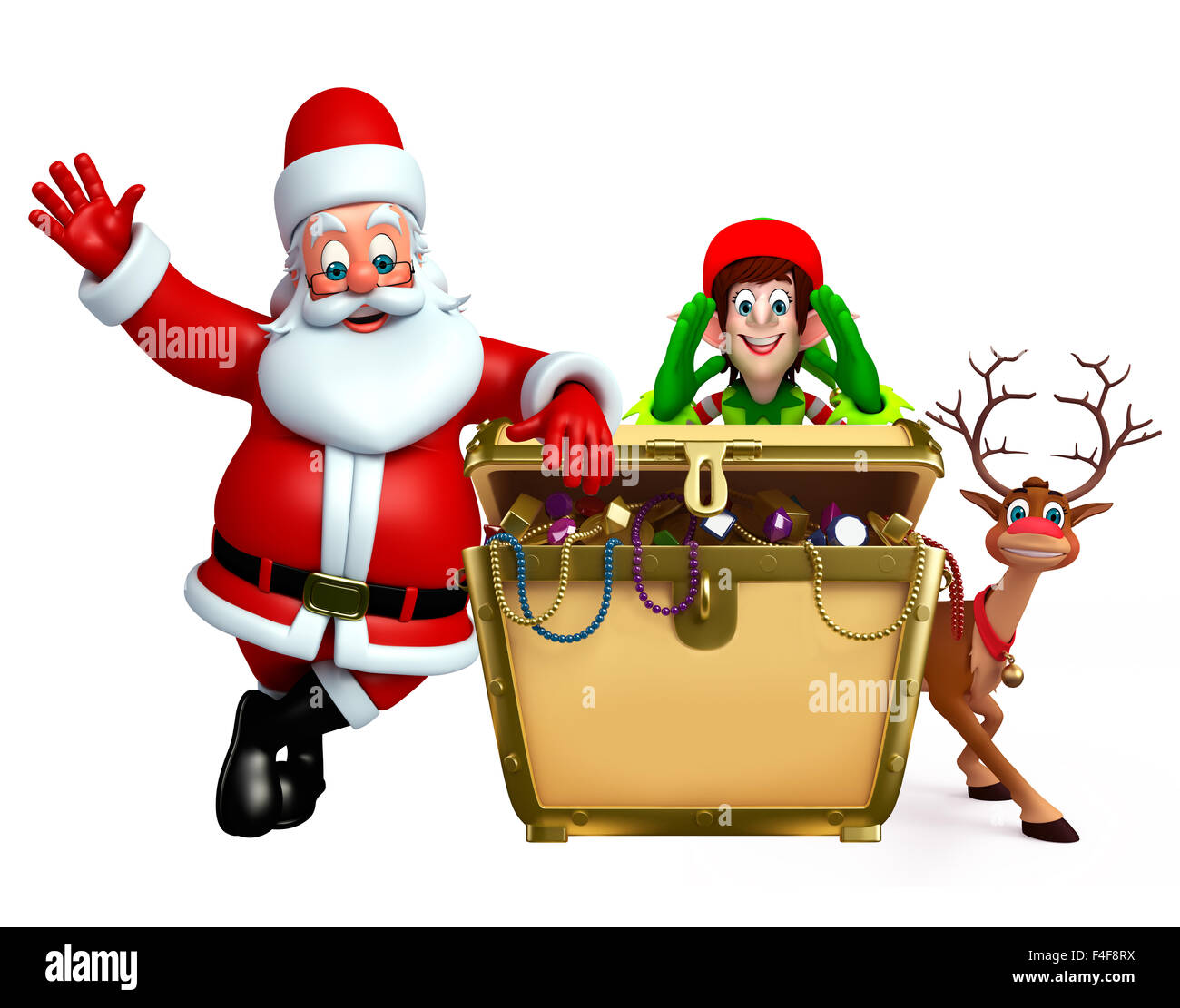3d rendered illustration of santa claus and elves with treasury box ...