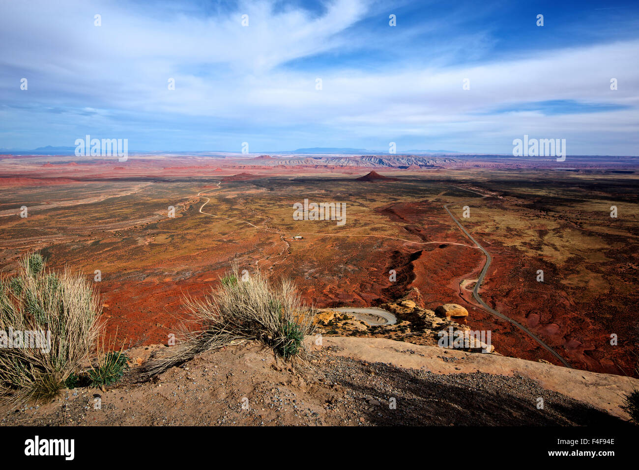 Route 261, the Moki Dugway steeply drops 1200 feet in 3 miles of gravel road, dropping off Cedar Mesa to the San Juan River valley. (Large format sizes available) Stock Photo