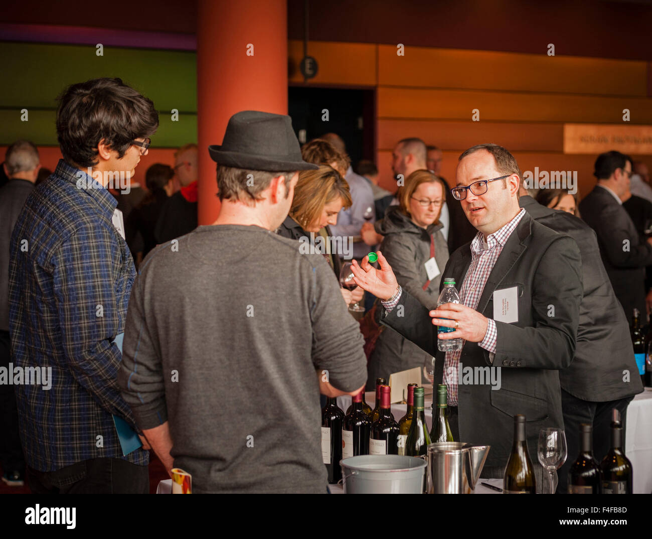 USA, Washington, Seattle. Walla Walla wine bottles ready for pouring at wine event in Seattle. Stock Photo