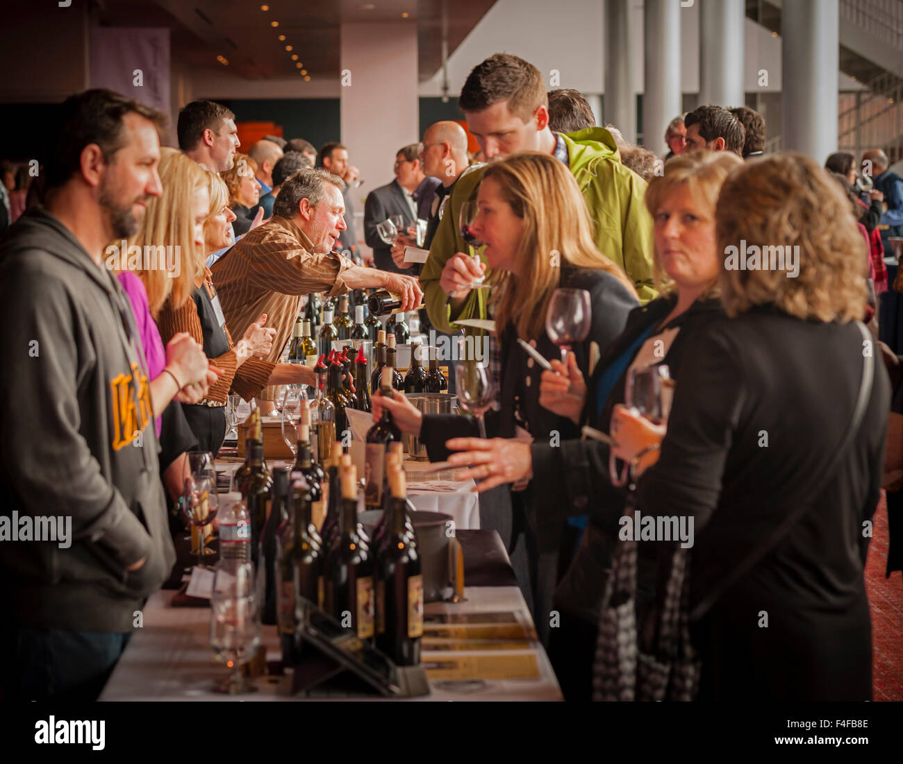 USA, Washington, Seattle. Walla Walla wine bottles ready for pouring at wine event in Seattle. Stock Photo