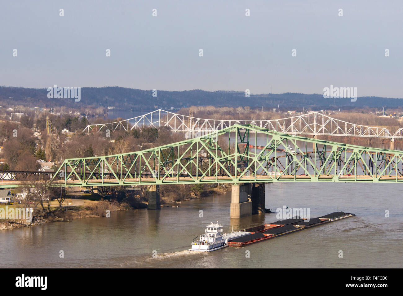Parkersburg, WV. Coal barges on Ohio River pass under three bridges, ParkersburgBelpre, CSX