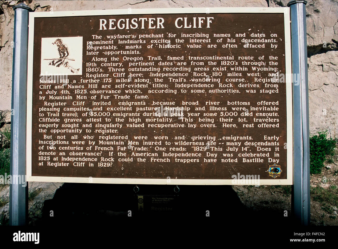 USA, Wyoming, Register Cliff, a Navigational Landmark on the Oregon Trail in Platte River Valley, Informational Sign. Stock Photo
