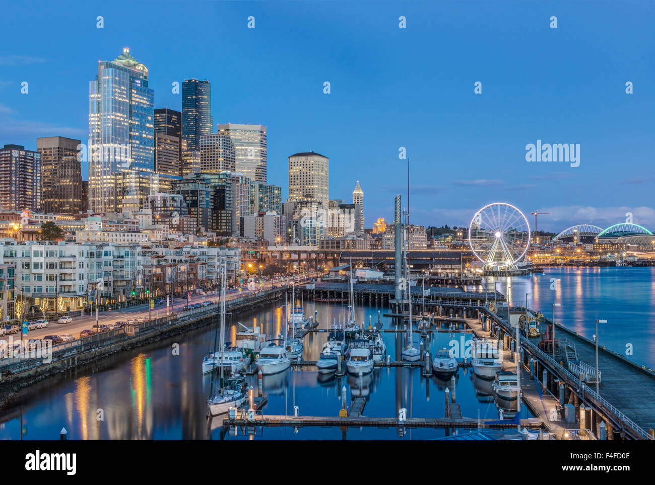 USA, Washington State, Seattle, Waterfront and Downtown at Twilight ...