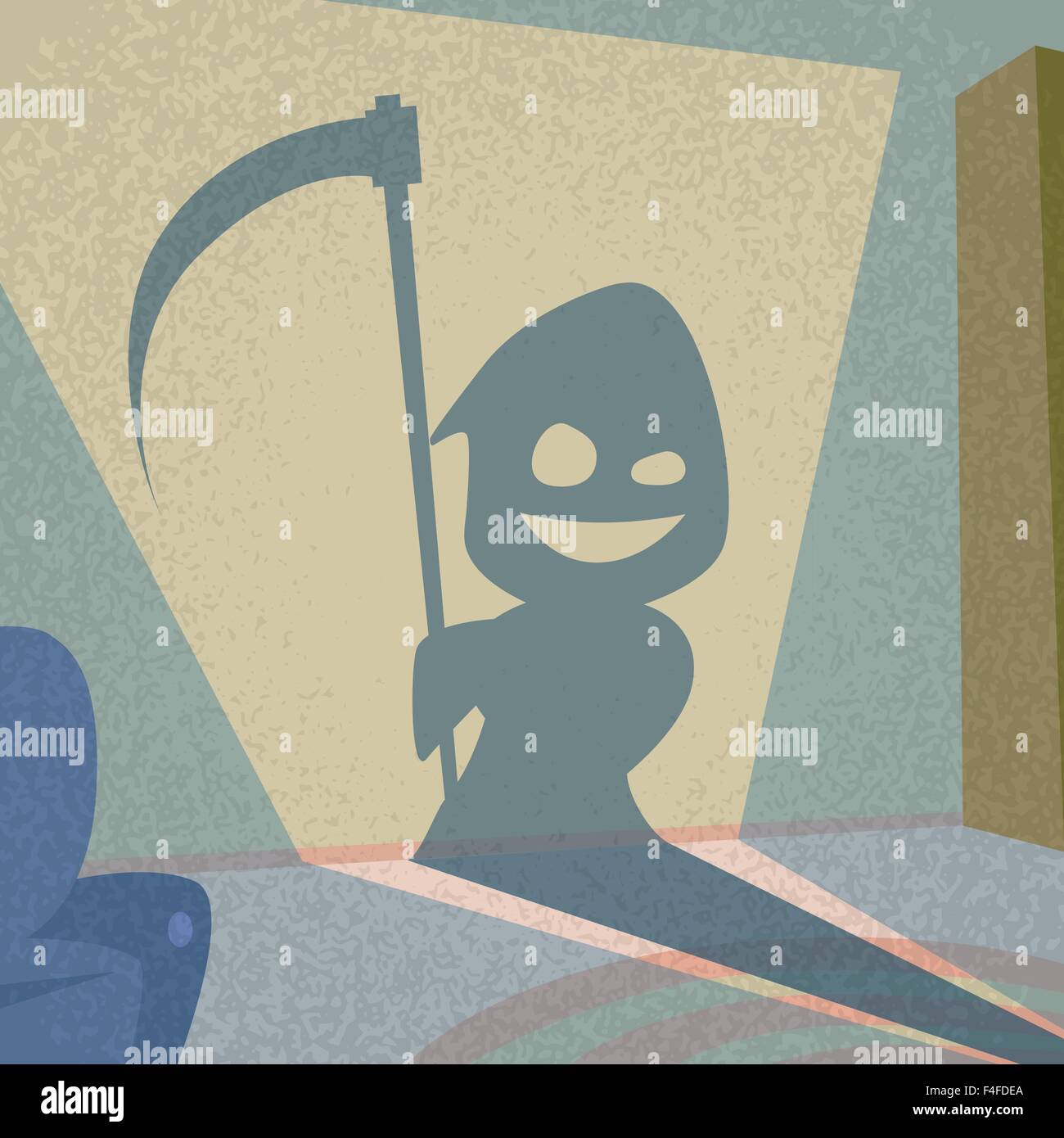 Cartoon Grim Reaper Smile Hold Scythe Shadow Silhouette Retro Shape Stock Vector