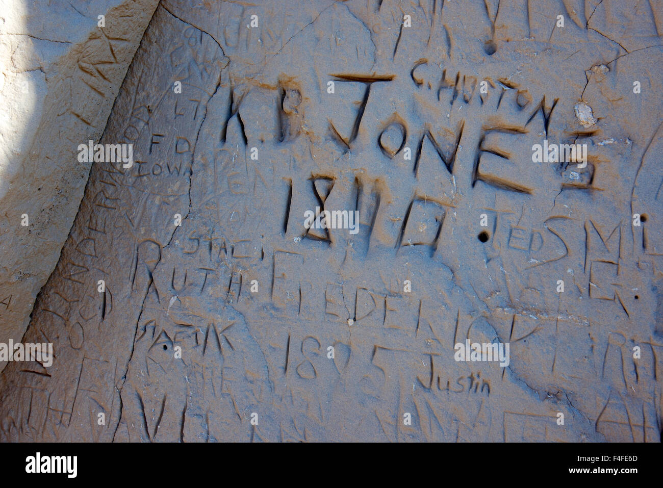 K.R. Jones, 1840. Register Cliff was a key navigational landmark on the Oregon Trail as it passed along the North Platte River near present Day Guernsey Wyoming. Many emigrants carved their name in the soft sandstone. (Large format sizes available) Stock Photo