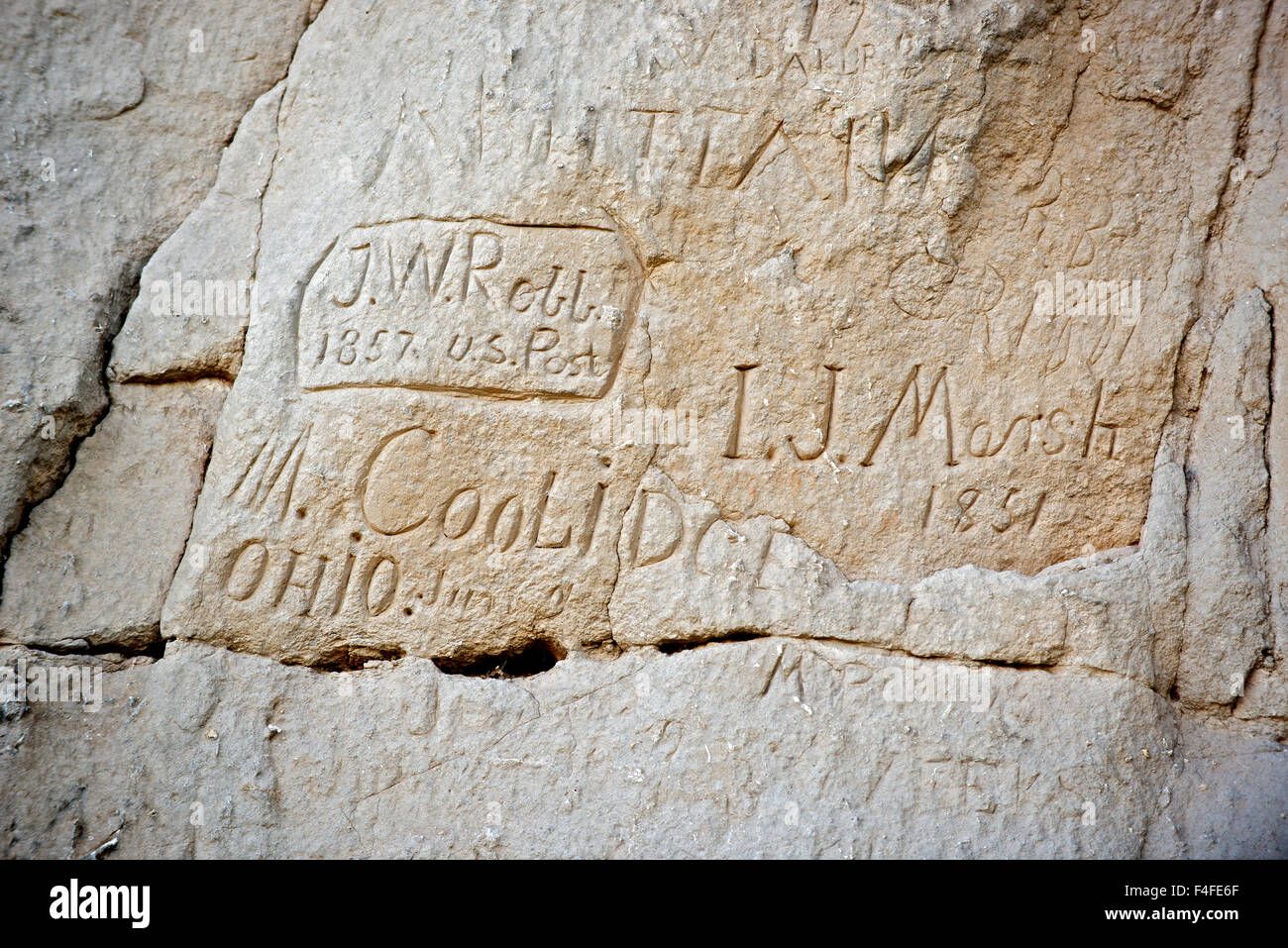J.W. Robb, 1857. Register Cliff was a key navigational landmark on the Oregon Trail as it passed along the North Platte River, near present Day Guernsey Wyoming. Many emigrants carved their name in the soft sandstone. (Large format sizes available) Stock Photo
