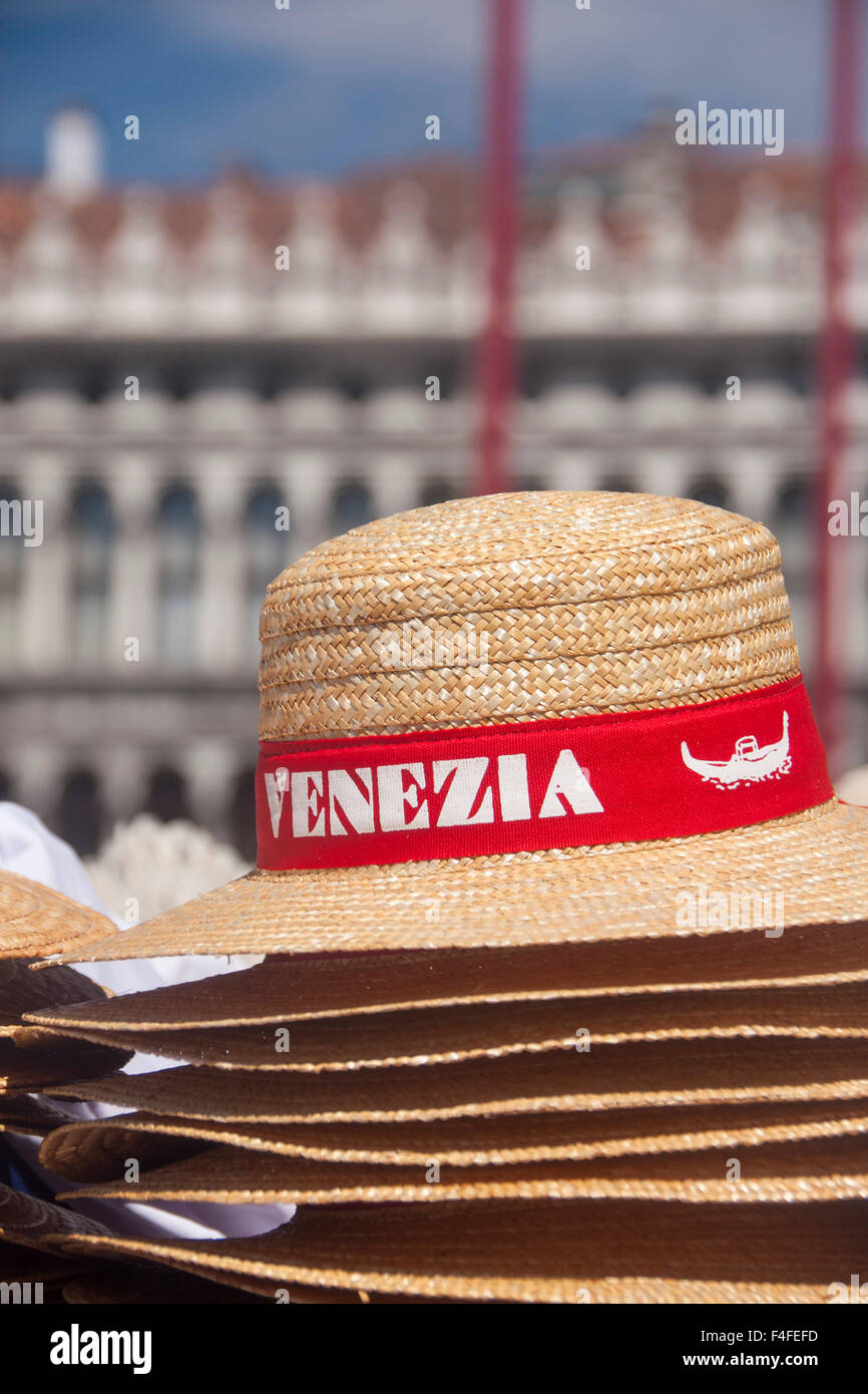 Venice Venezia souvenir straw hats for sale at stall in Piazza San Marco St Mark's Square Venice Veneto Italy Stock Photo