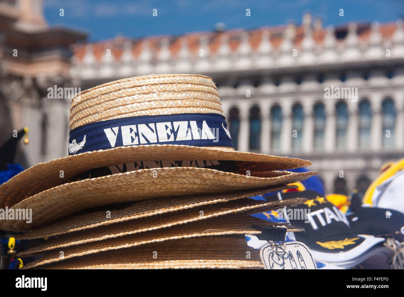 Venice Venezia souvenir straw hats for sale St Mark's Square Piazza San Marco Venice Veneto Italy Stock Photo
