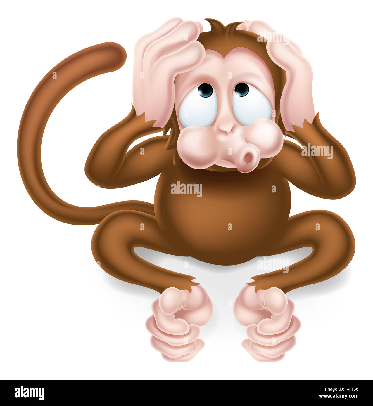 Haer no evil cartoon wise monkey covering his ears Stock Photo