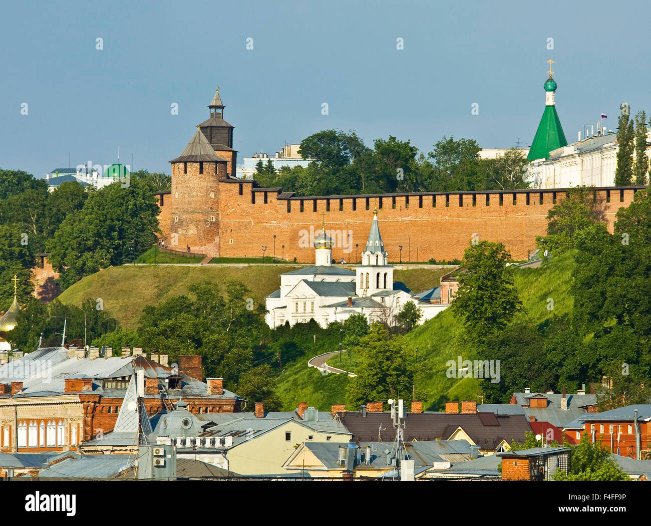 Nizhny Novgorod, middle ages Kremlin fortress and orthodox church of Saint Ilya. Stock Photo