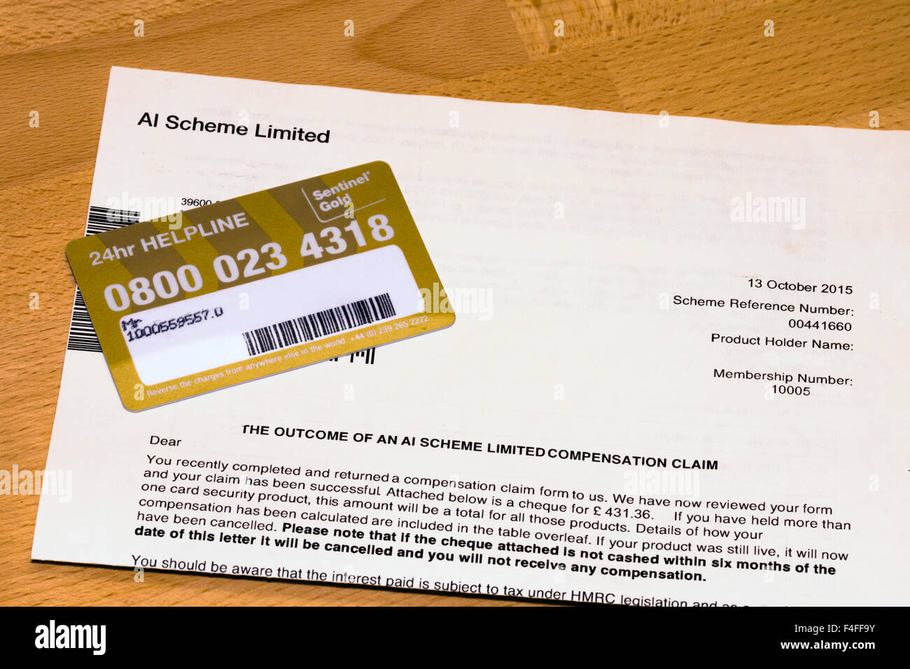 Sentinel Gold Card Protection compensation Payment Stock Photo