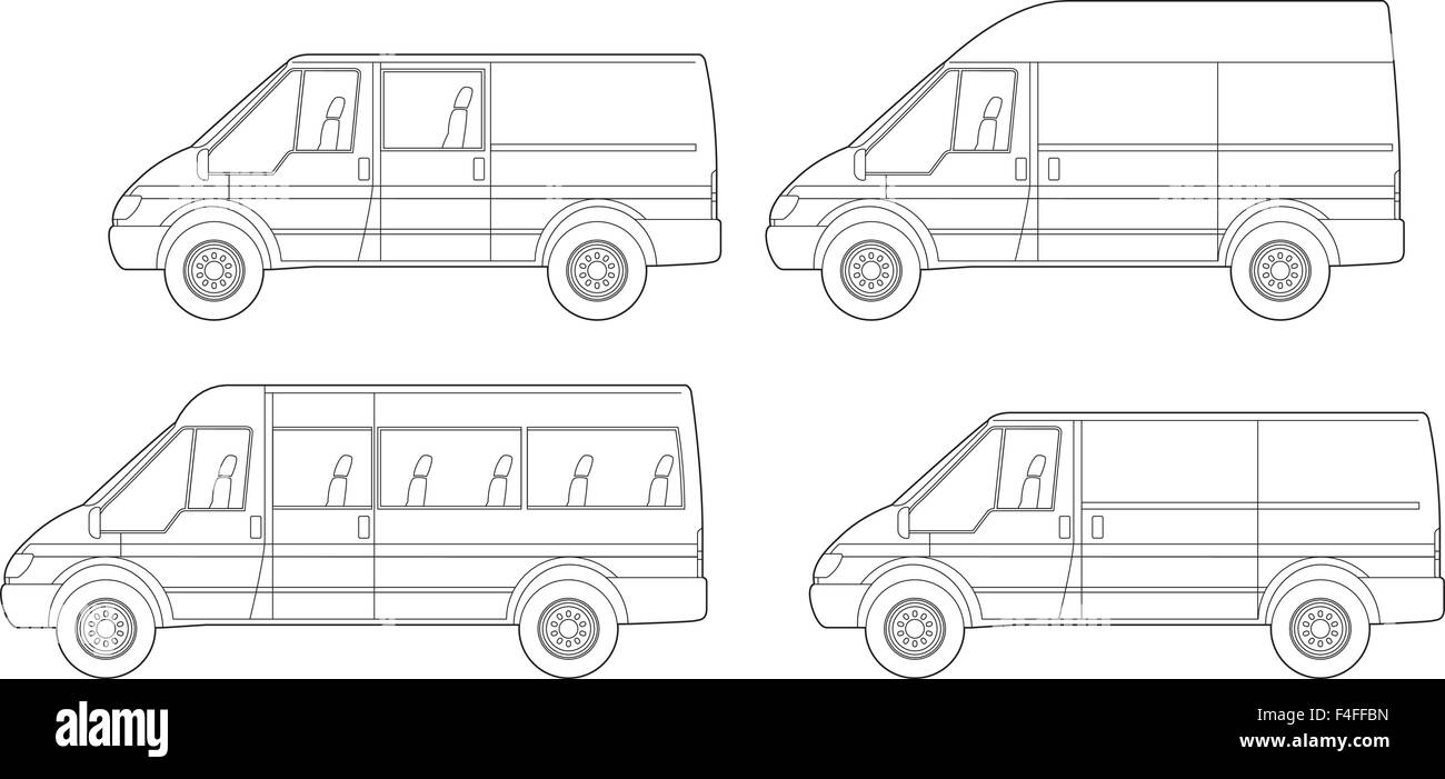 Vector illustrations of various different van and mini-bus configurations Stock Vector