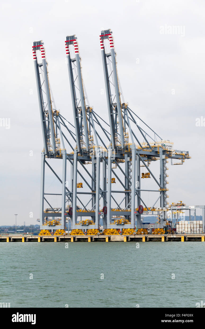 Ship-to-shore container cranes at Tilbury Docks on the River Thames in the Port of Tilbury, Essex Stock Photo