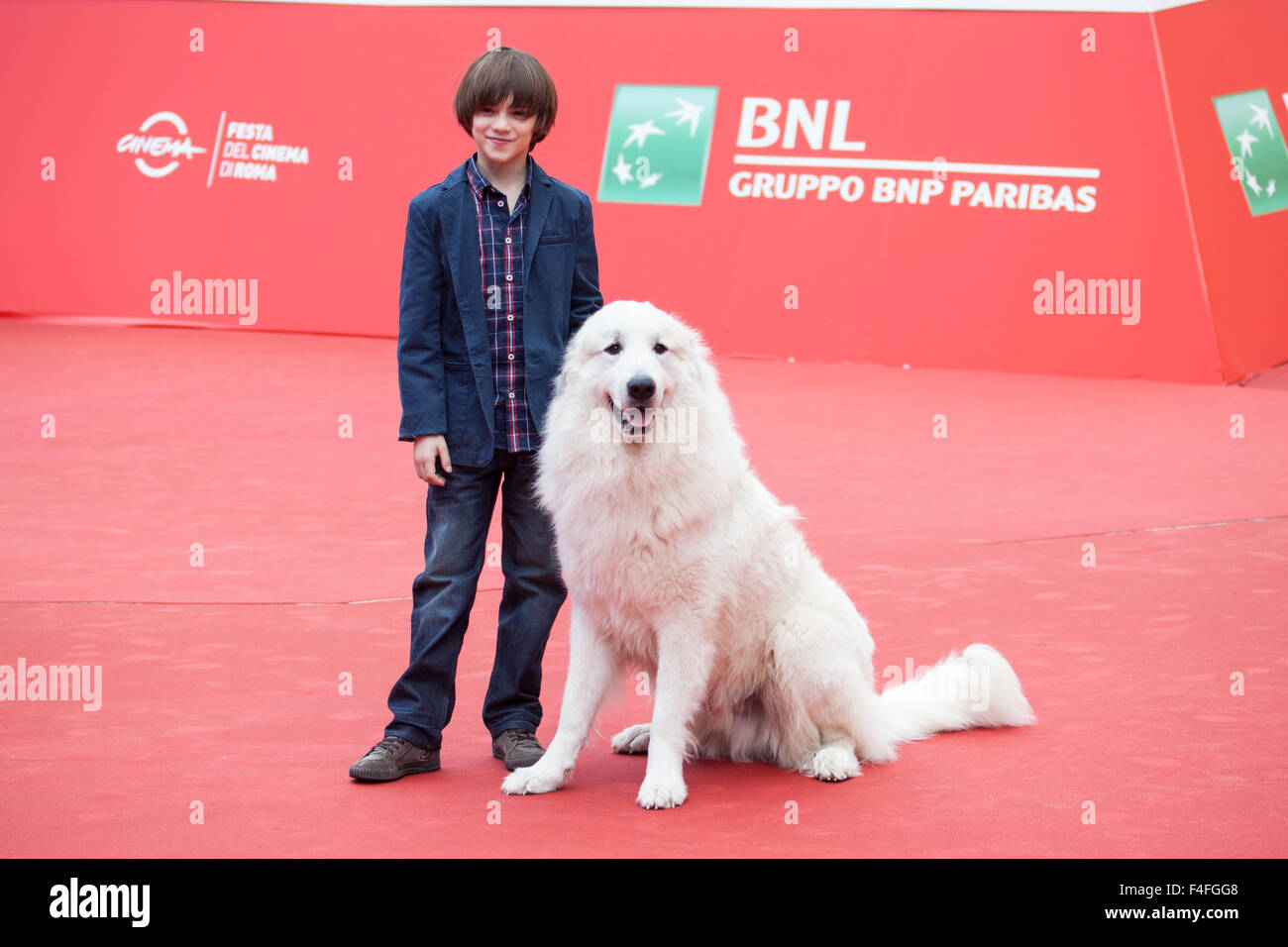 Rome, Italy. 17th October, 2015. Felix Bossuet, and dog Belle on the Red Carpet for the French film 'Belle & Sebastien, The Adventures Continue, at the 10th Rome Film Fest., , Roma, Italy,17/10/15 Credit:  Stephen Bisgrove/Alamy Live News Stock Photo