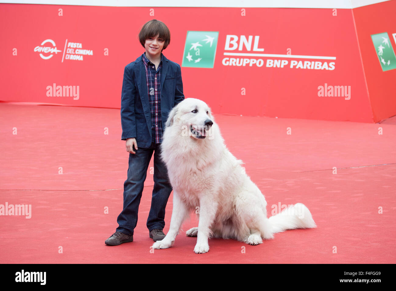 Rome, Italy. 17th October, 2015. Felix Bossuet, and dog Belle on the Red Carpet for the French film 'Belle & Sebastien, The Adventures Continue, at the 10th Rome Film Fest., , Roma, Italy,17/10/15 Credit:  Stephen Bisgrove/Alamy Live News Stock Photo