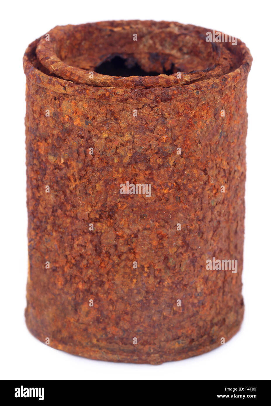 Old rusty iron can over white background Stock Photo