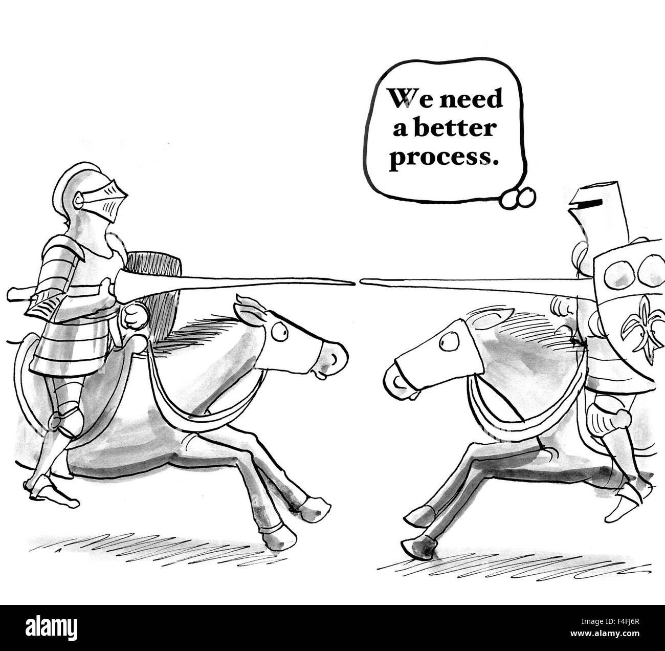 Professional cartoon of two knights jousting on horseback, 'We need a better process'. Stock Photo