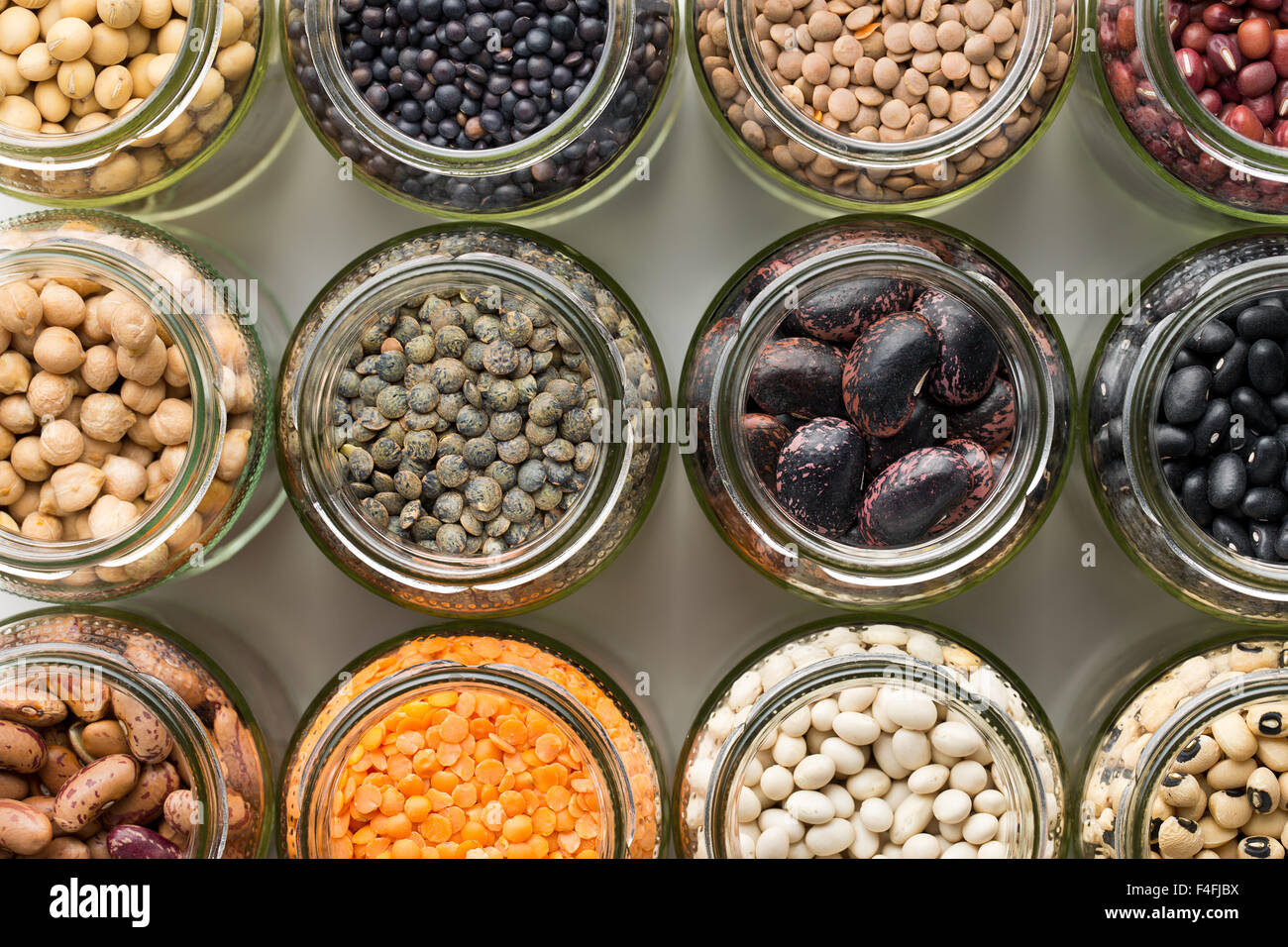 top view of various dried legumes in jars Stock Photo - Alamy