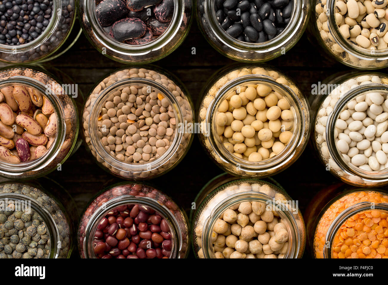 top view of various dried legumes in jars Stock Photo Alamy