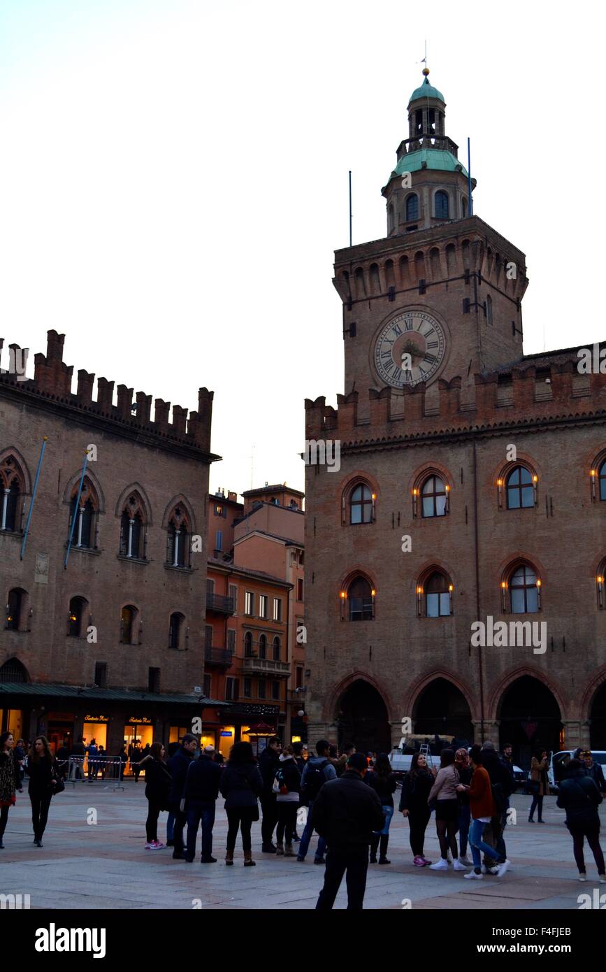 Accursi clock tower in Piazza Maggiore in Bologna, Italy Stock Photo