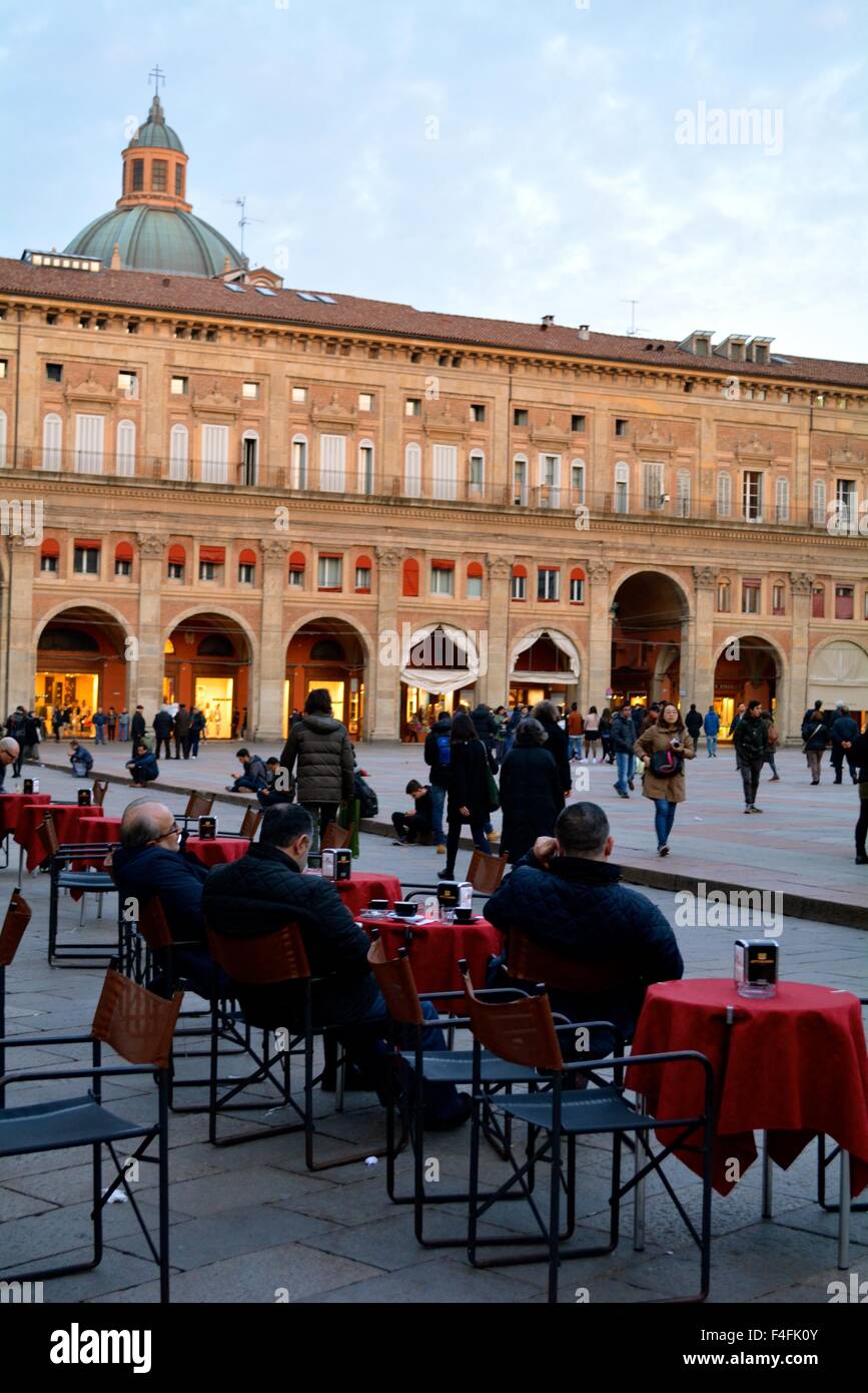 Cafe tables in Piazza Maggiore, Bologna, Italy Stock Photo