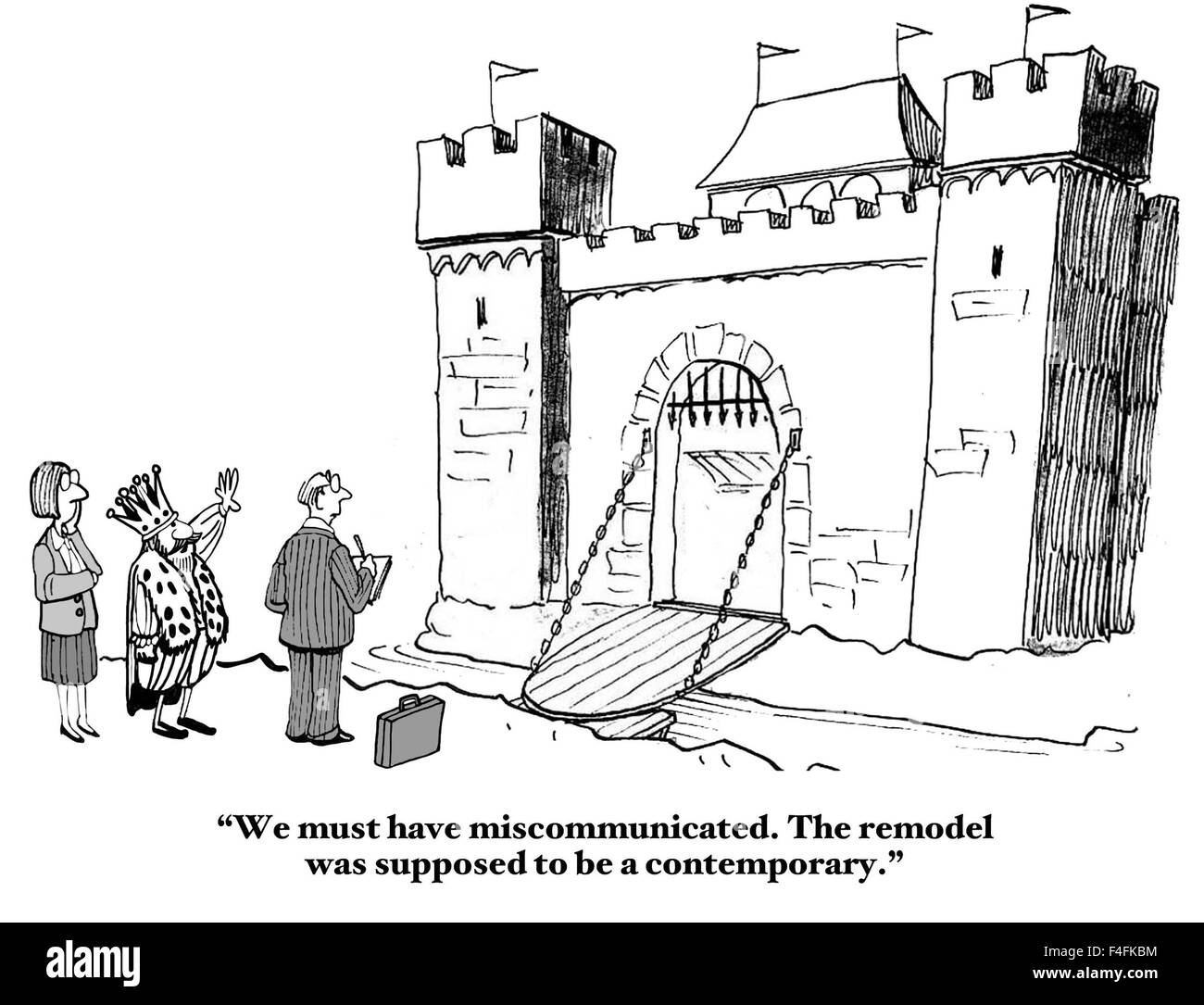 Professional cartoon of king saying to people, 'We must have miscommunicated.  The remodel was supposed to be a contemporary'. Stock Photo