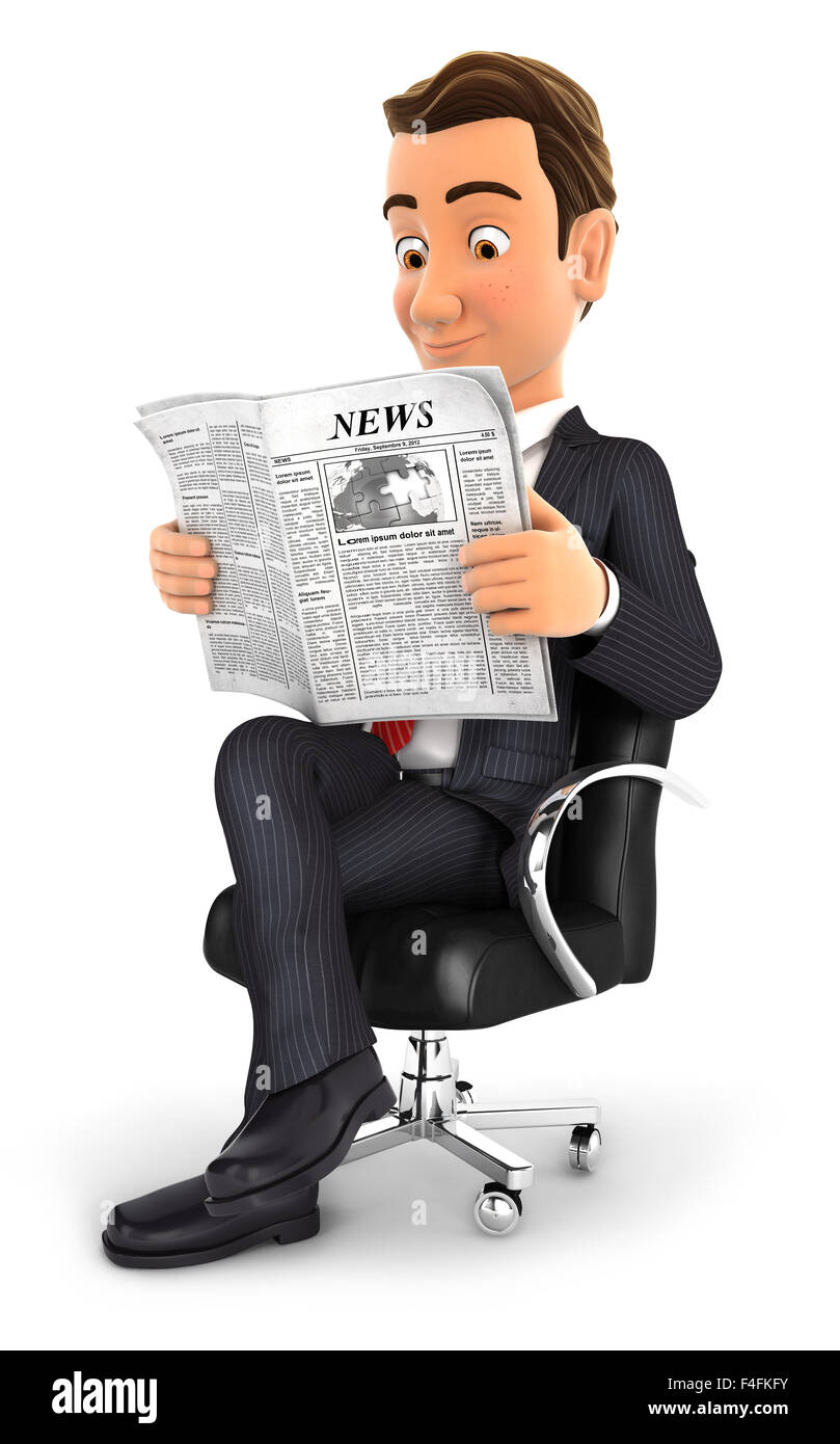 3d businessman sitting on chair and reading a newspaper, isolated white background Stock Photo