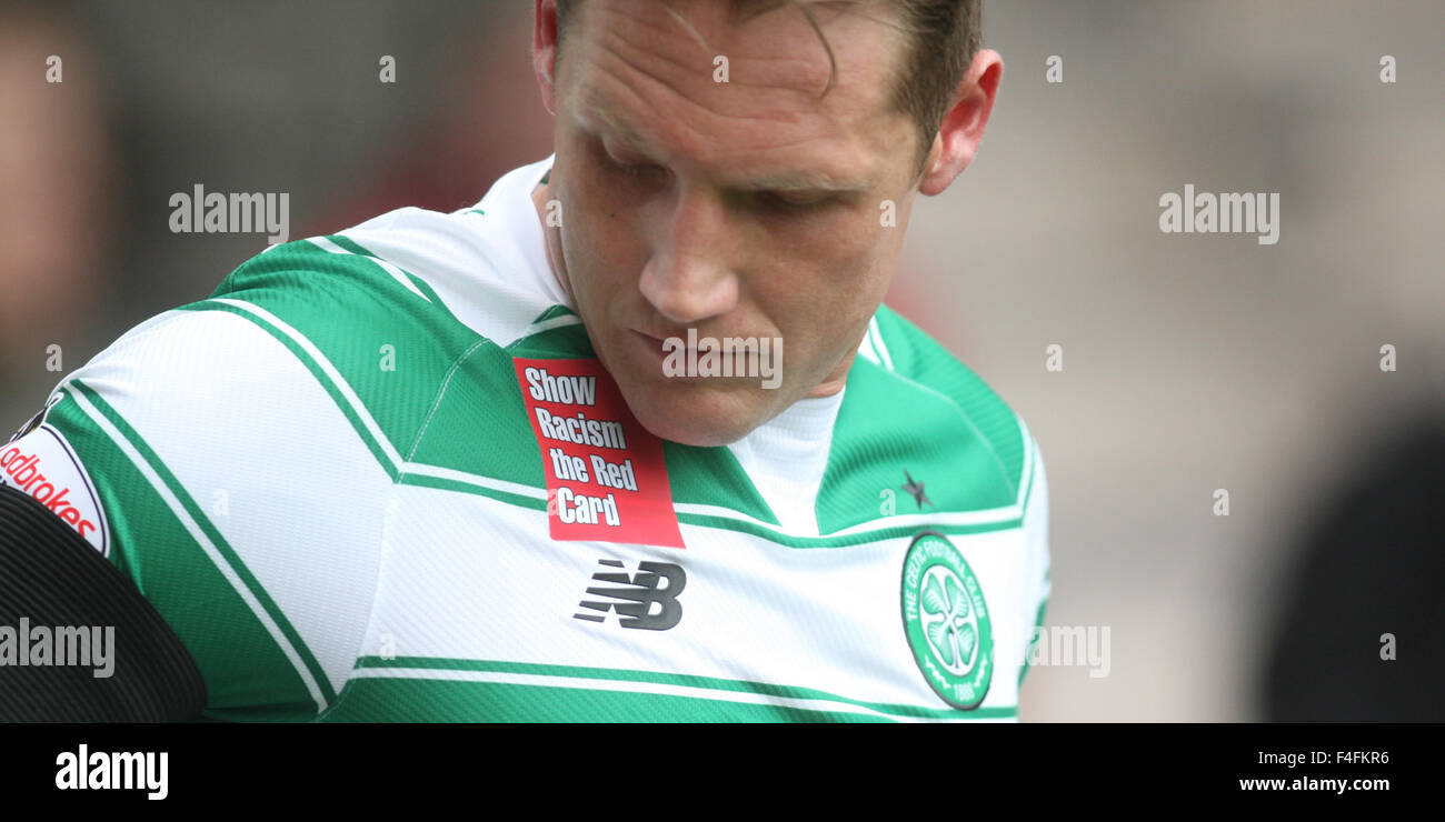 Fir Park, Motherwell, Scotland. 17th Oct, 2015. Scottish Premier League. Motherwell versus Celtic. The players wore &quot;Show Racism the Red Card&quot; logos at today's match Credit:  Action Plus Sports/Alamy Live News Stock Photo