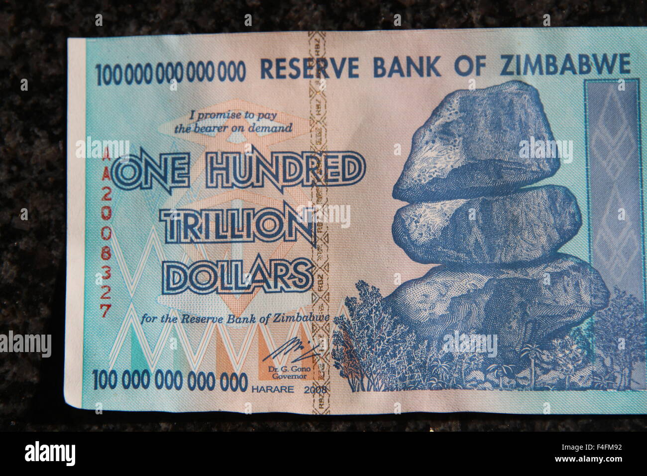 A banknote from Zimbabwe worth one hundred trillion Zimbabwean dollars