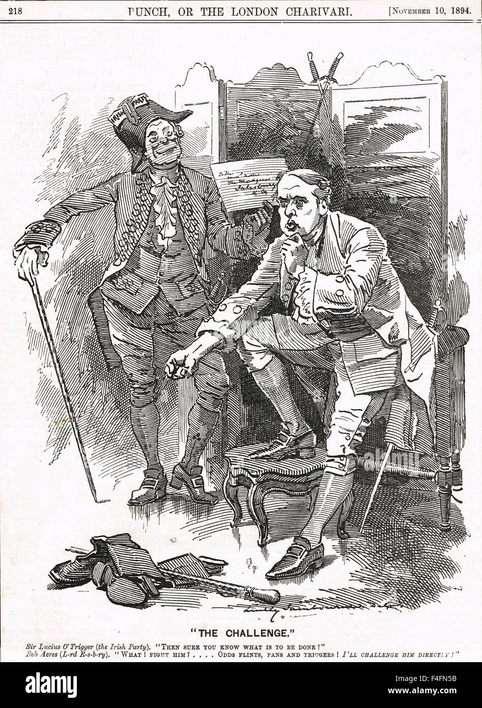 Punch Cartoon 1894 The Challenge Lord Roseberry & Sir Lucius O'Trigger Stock Photo
