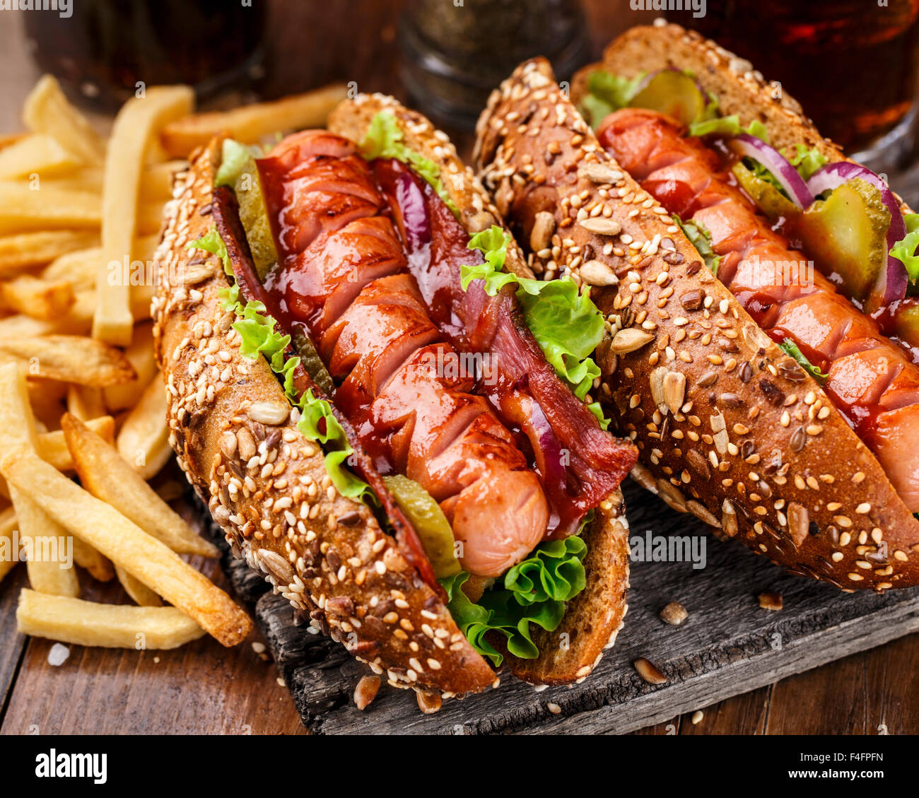 Barbecue grilled hot dog with french fries Stock Photo