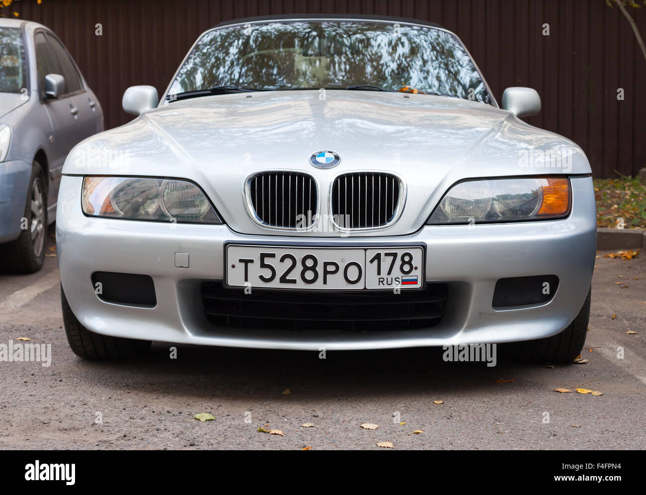 Saint-Petersburg, Russia - October 17, 2015: Silver gray BMW Z3 car stands parked on the roadside, front view Stock Photo