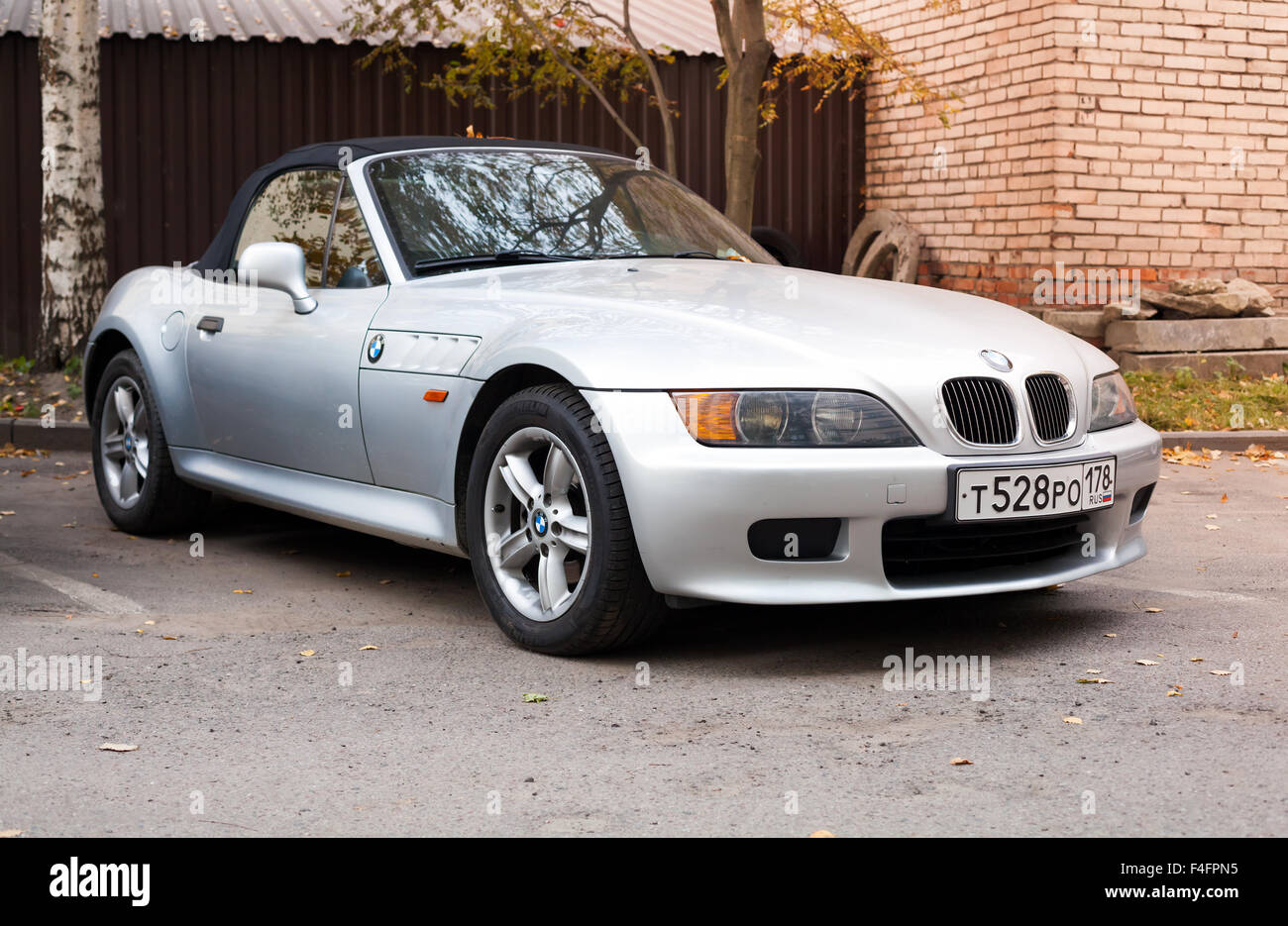 Saint-Petersburg, Russia - October 17, 2015: Silver gray BMW Z3 car with convertible roof stands parked on the roadside Stock Photo