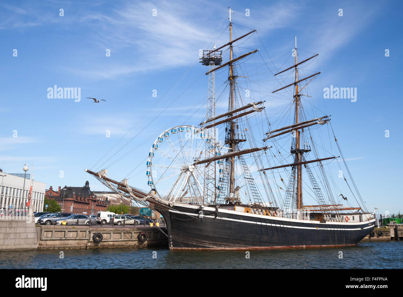 Helsinki, Finland - June 12, 2015: The brig 'Gerda' stands moored in Helsinki port , old wooden sailing ship Stock Photo