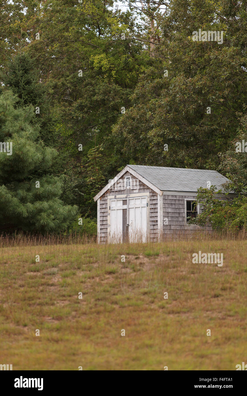 New England rustic barn in summer with a green grass lawn Stock Photo