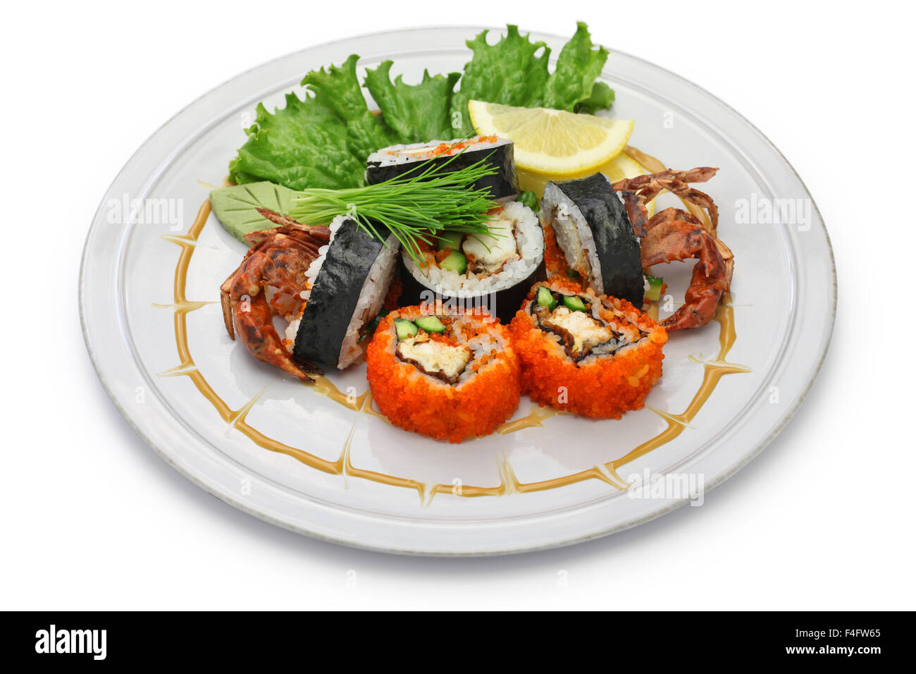 spider roll, maki sushi made of soft shell crab tempura and sushi rice, halloween party dinner Stock Photo
