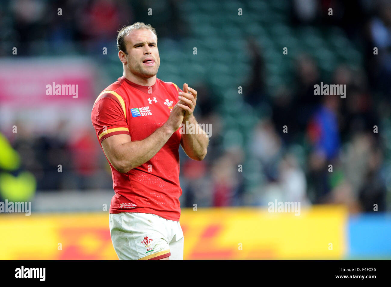 London, UK. 17 October 2015: Jamie Roberts of Wales looks dejected after losing the Quarter Final of the Rugby World Cup 2015 between South Africa and Wales - Twickenham Stadium, London.(Photo by: Rob Munro/Stewart Communications/CSM) Credit:  Cal Sport Media/Alamy Live News Stock Photo