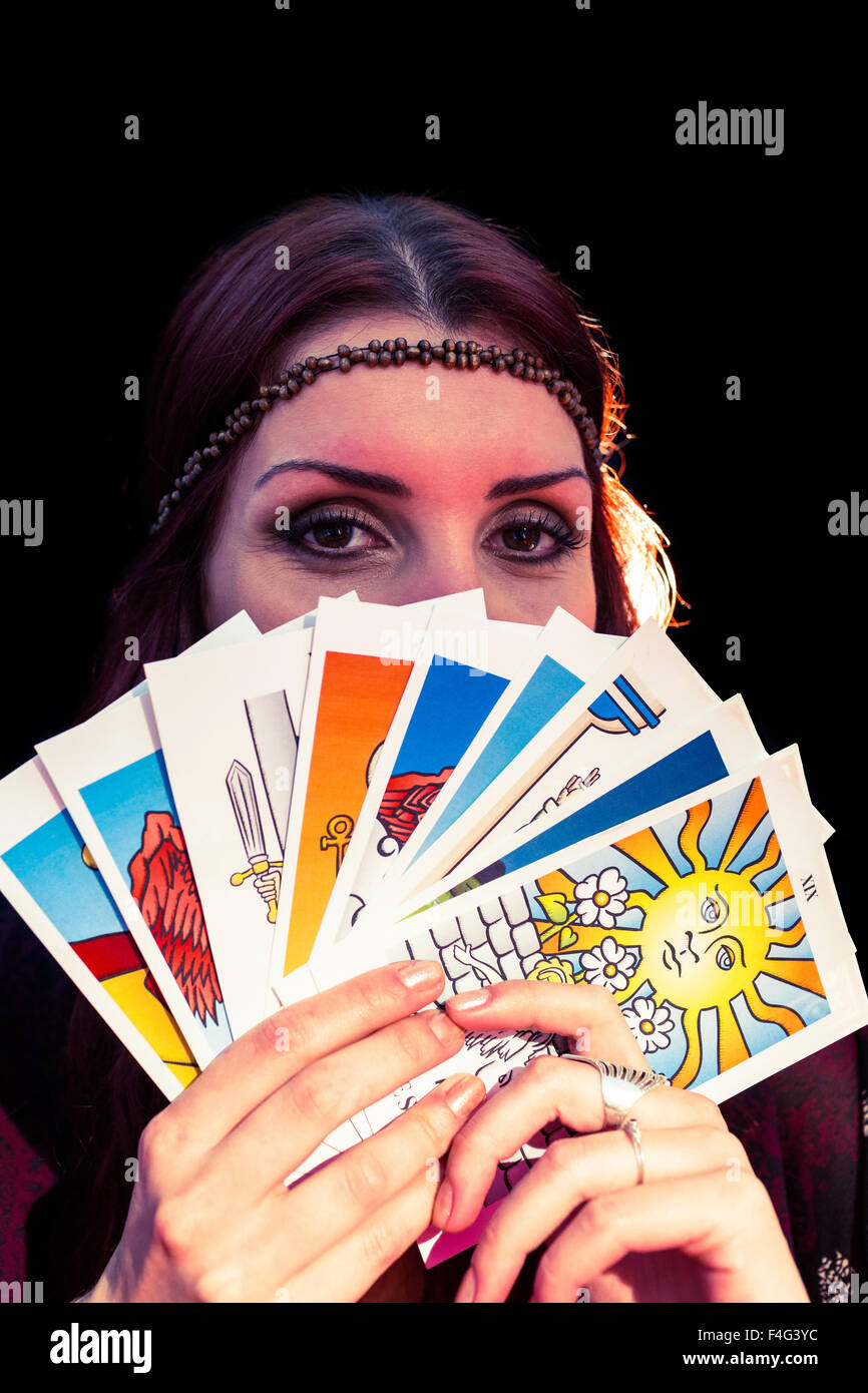 Portrait of fortune teller with tarot cards Stock Photo Alamy