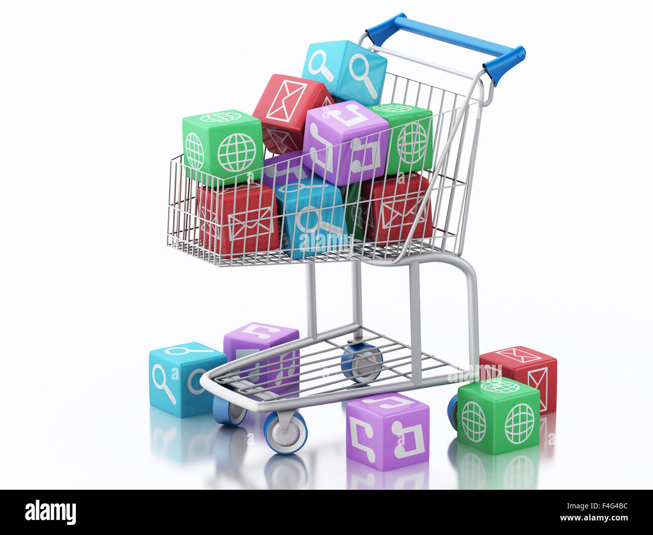 3d renderer image. Shopping cart with Apps icons. Software concept ...