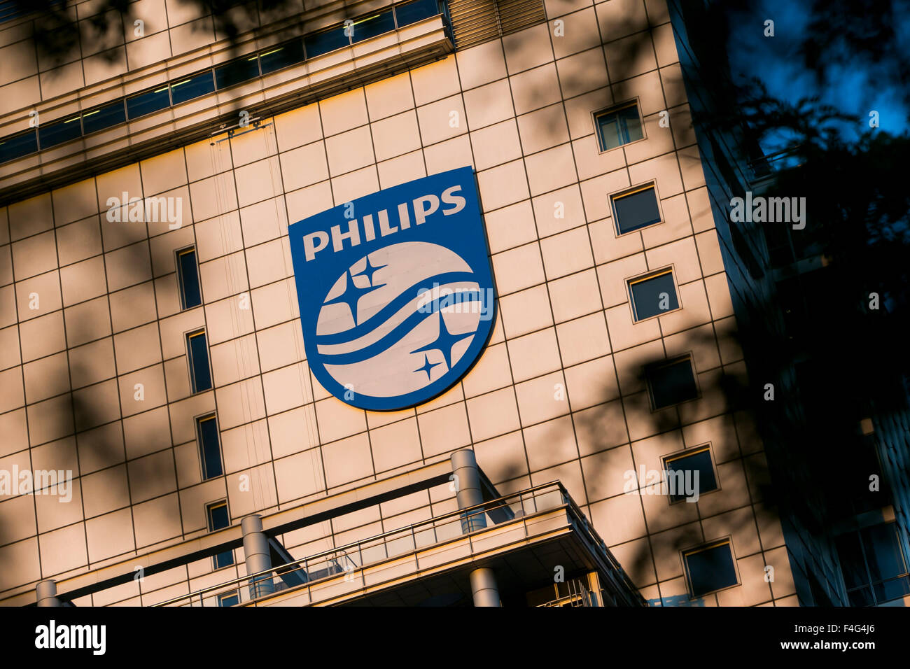 A logo sign outside of the headquarters of Koninklijke Philips N.V. in Amsterdam, Netherlands on October 2, 2015. Stock Photo