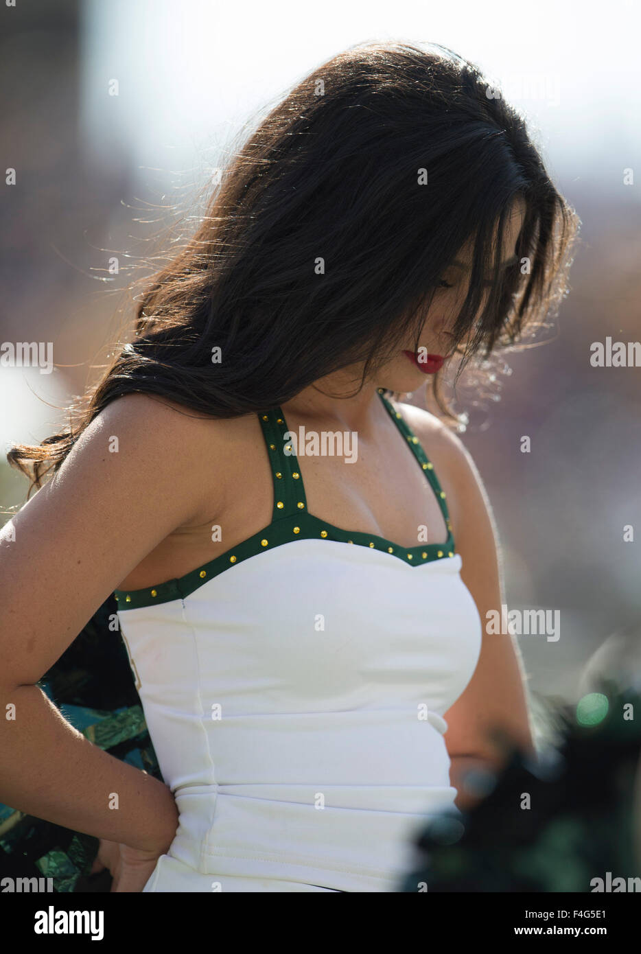 Waco, Texas, USA. 17th Oct, 2015. Baylor Bears cheerleader during the NCAA football game between the West Virginia Mountaineers and Baylor Bears at McLane Stadium in Waco, Texas. JP Waldron/Cal Sport Media/Alamy Live News Stock Photo