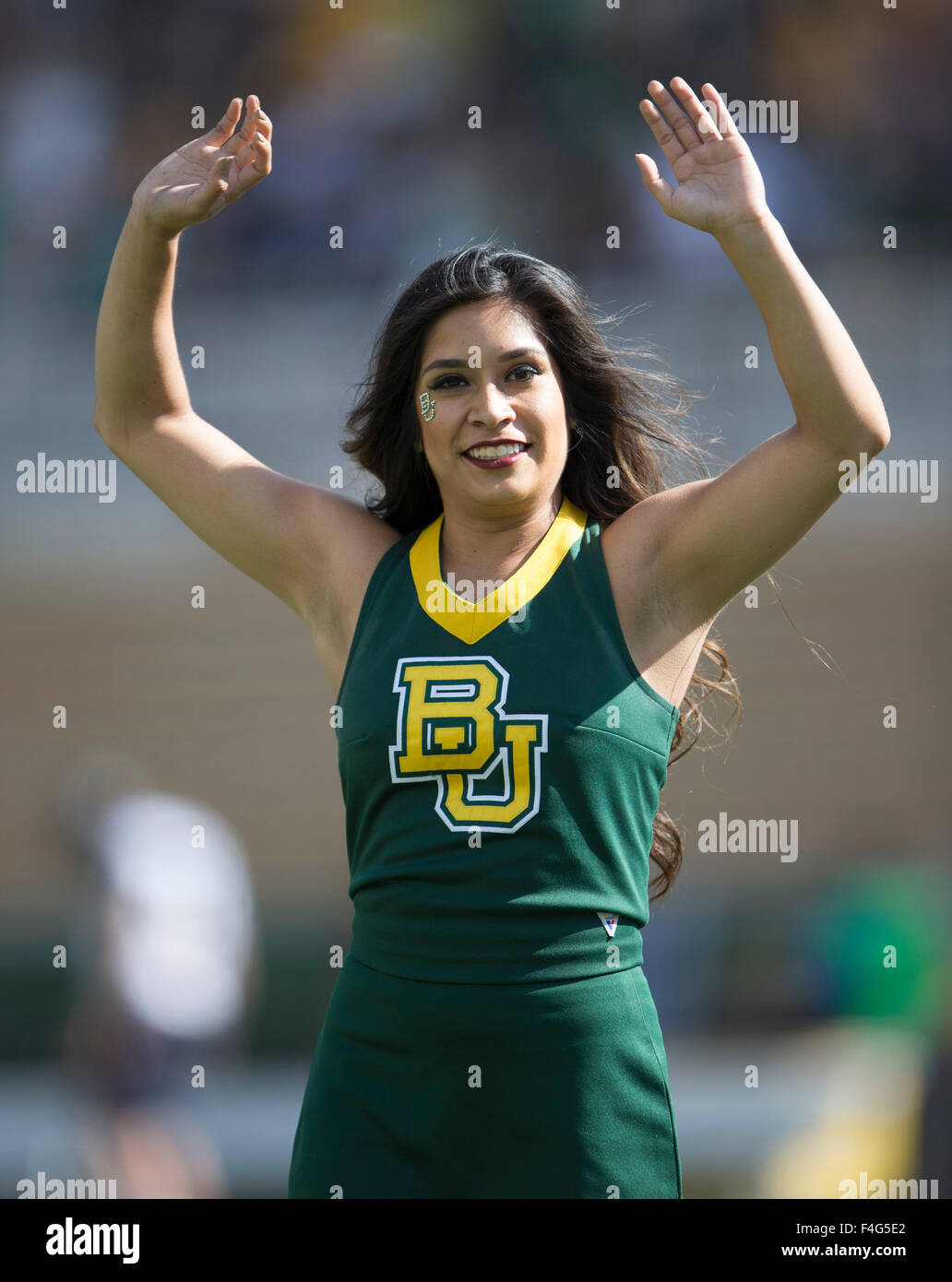 Waco, Texas, USA. 17th Oct, 2015. Baylor Bears cheerleader during the NCAA football game between the West Virginia Mountaineers and Baylor Bears at McLane Stadium in Waco, Texas. JP Waldron/Cal Sport Media/Alamy Live News Stock Photo