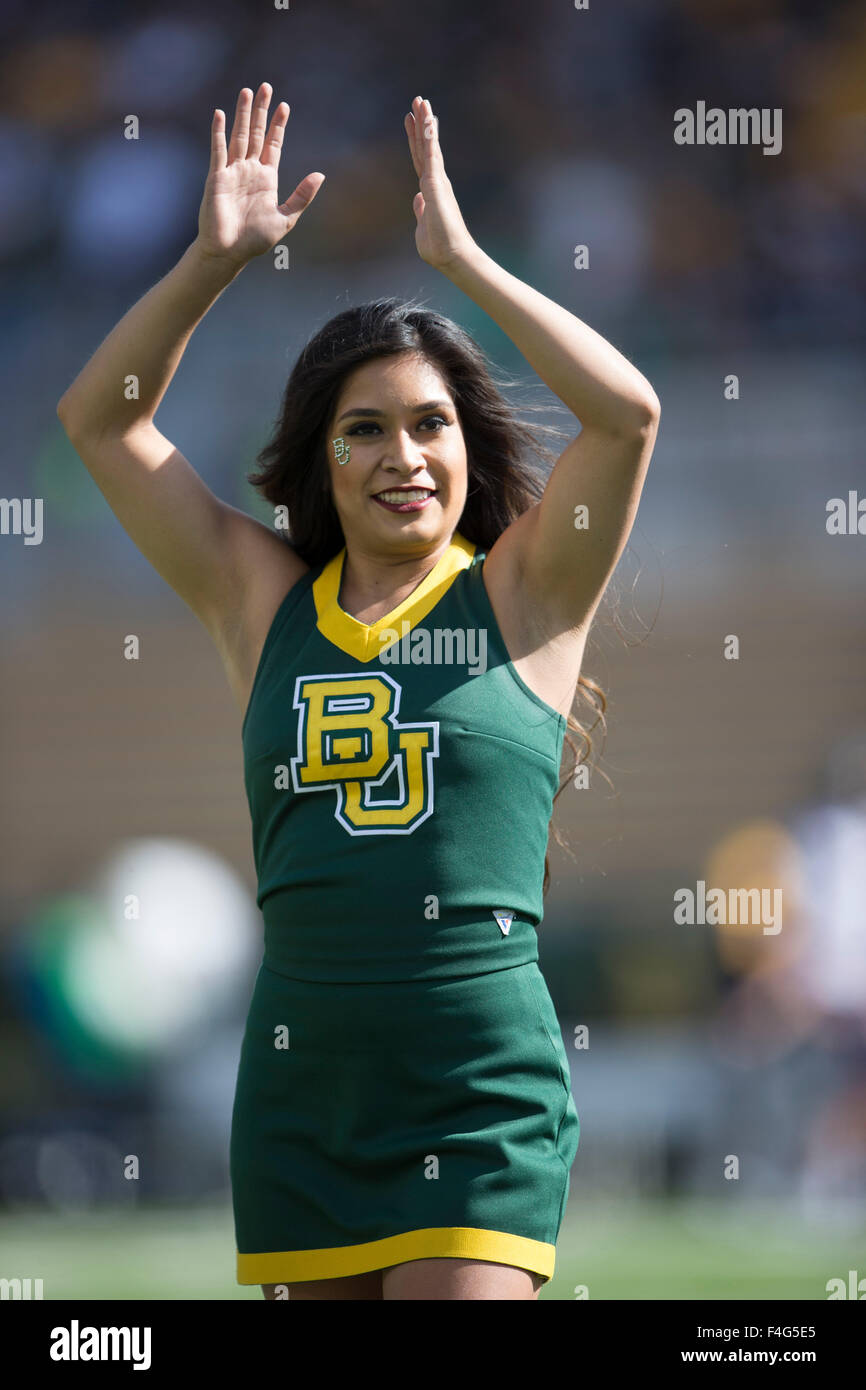 Waco, Texas, USA. 17th Oct, 2015. Baylor Bears cheerleader during the NCAA football game between the West Virginia Mountaineers and Baylor Bears at McLane Stadium in Waco, Texas. JP Waldron/Cal Sport Media/Alamy Live News Stock Photo
